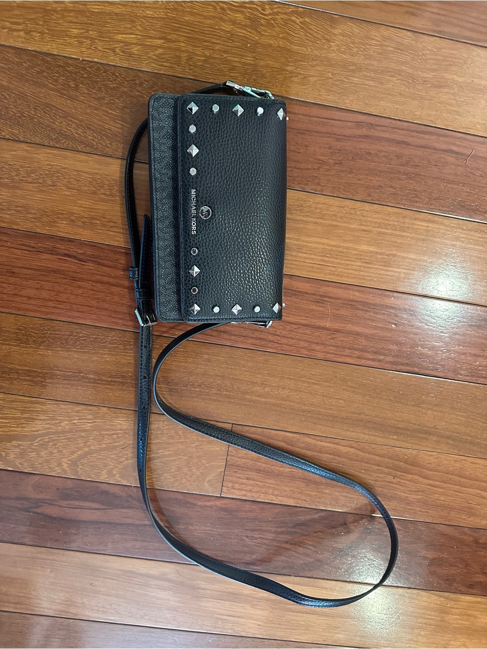 Michael Kors Black Studded Crossbody with easy access and phone pouch